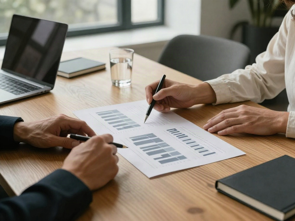 A collaborative business review with printed analytics, a laptop and notes on an oak table